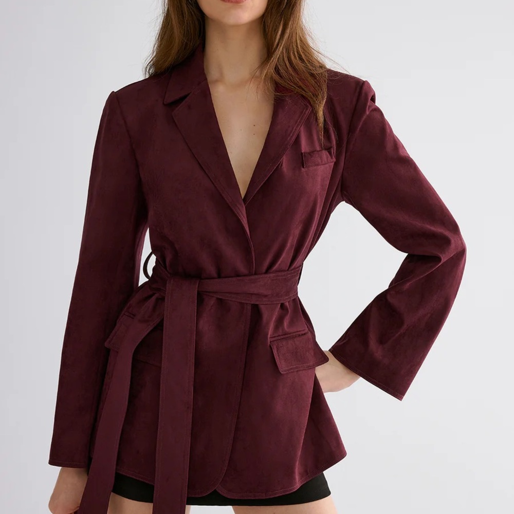 Women's Burgundy Belted Blazer